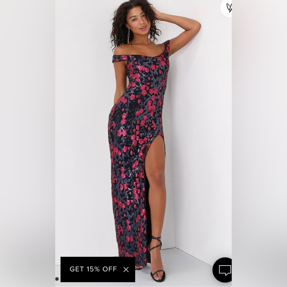Blooming Sparkle Black Floral Sequin Off-The-Shoulder Maxi Dress
